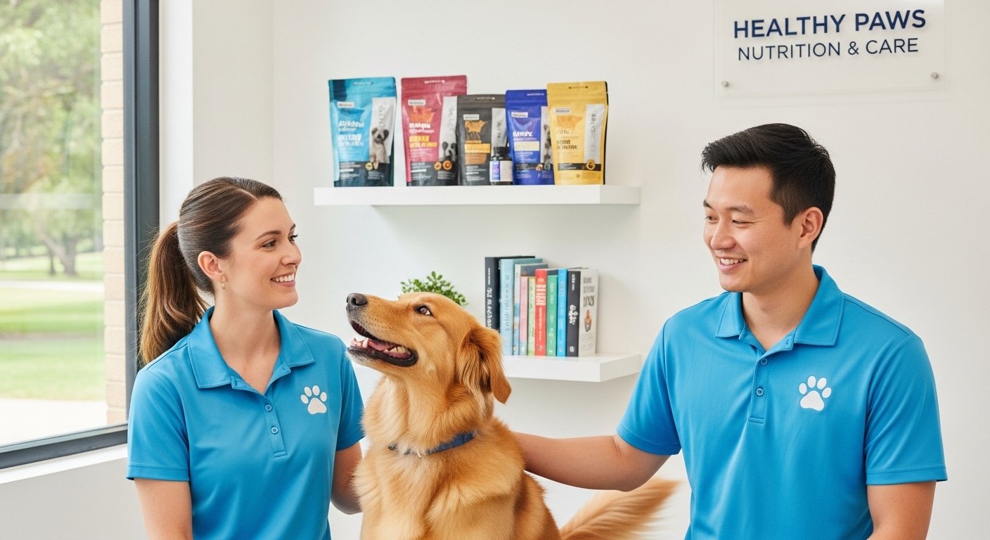 Pet care experts with a happy dog in a welcoming space